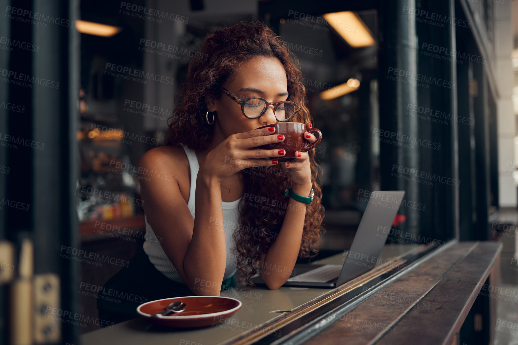 Buy stock photo Coffee shop, laptop and black woman with remote work for copywriting, website marketing or working on social media post. Entrepreneur person at an internet cafe with pc for blog website  inspiration
