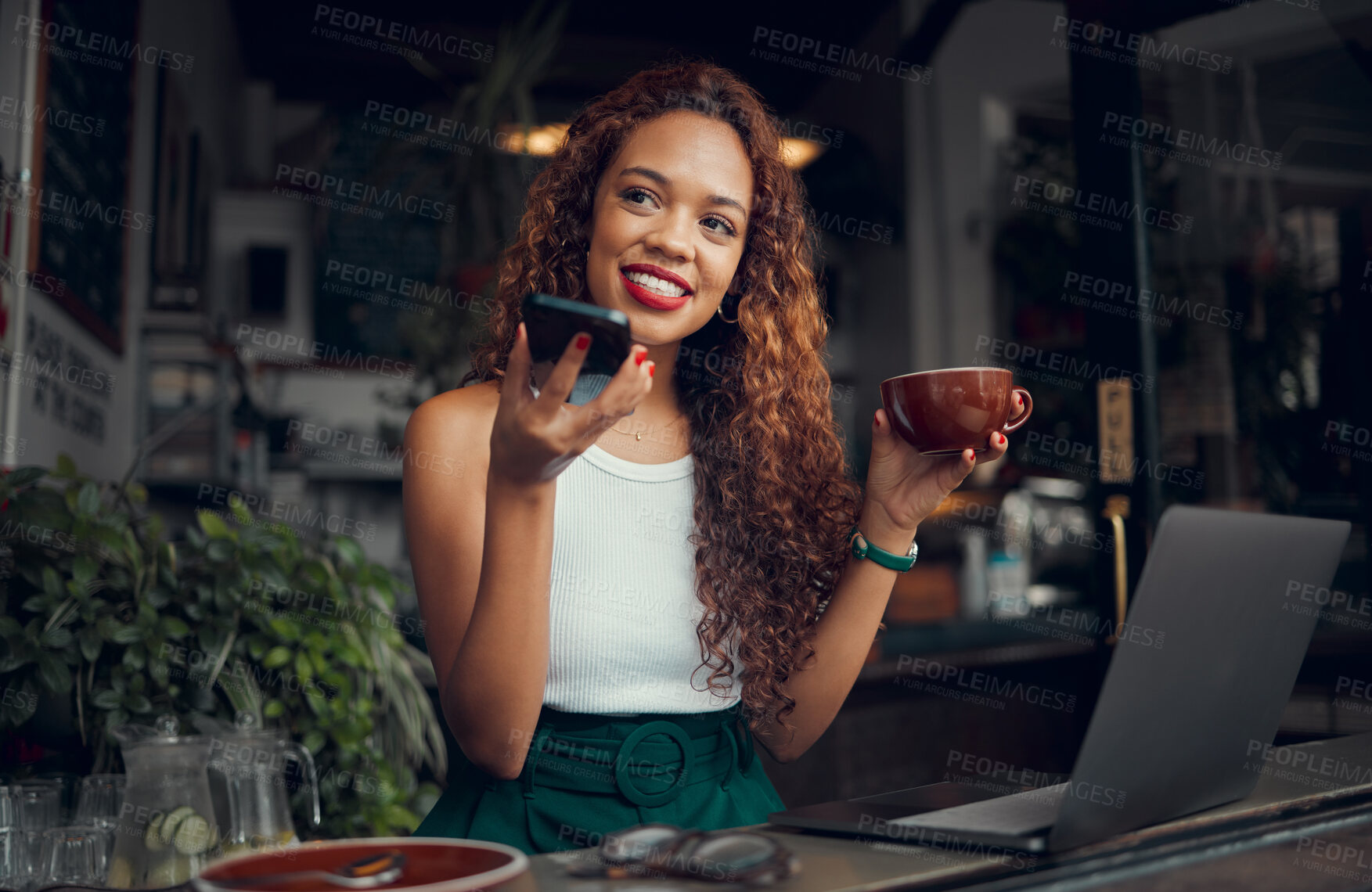Buy stock photo Microphone, phone, and woman at cafe using voice recognition, recording and loudspeaker for an audio message. Smile, communication and happy girl talking, conversation or speaking on a social network