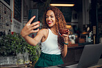 Phone selfie, laptop and black woman with coffee, remote worker or freelancer drinking espresso in cafe. Tea, photo and business woman from Brazil with 5g mobile for happy memory or social media post