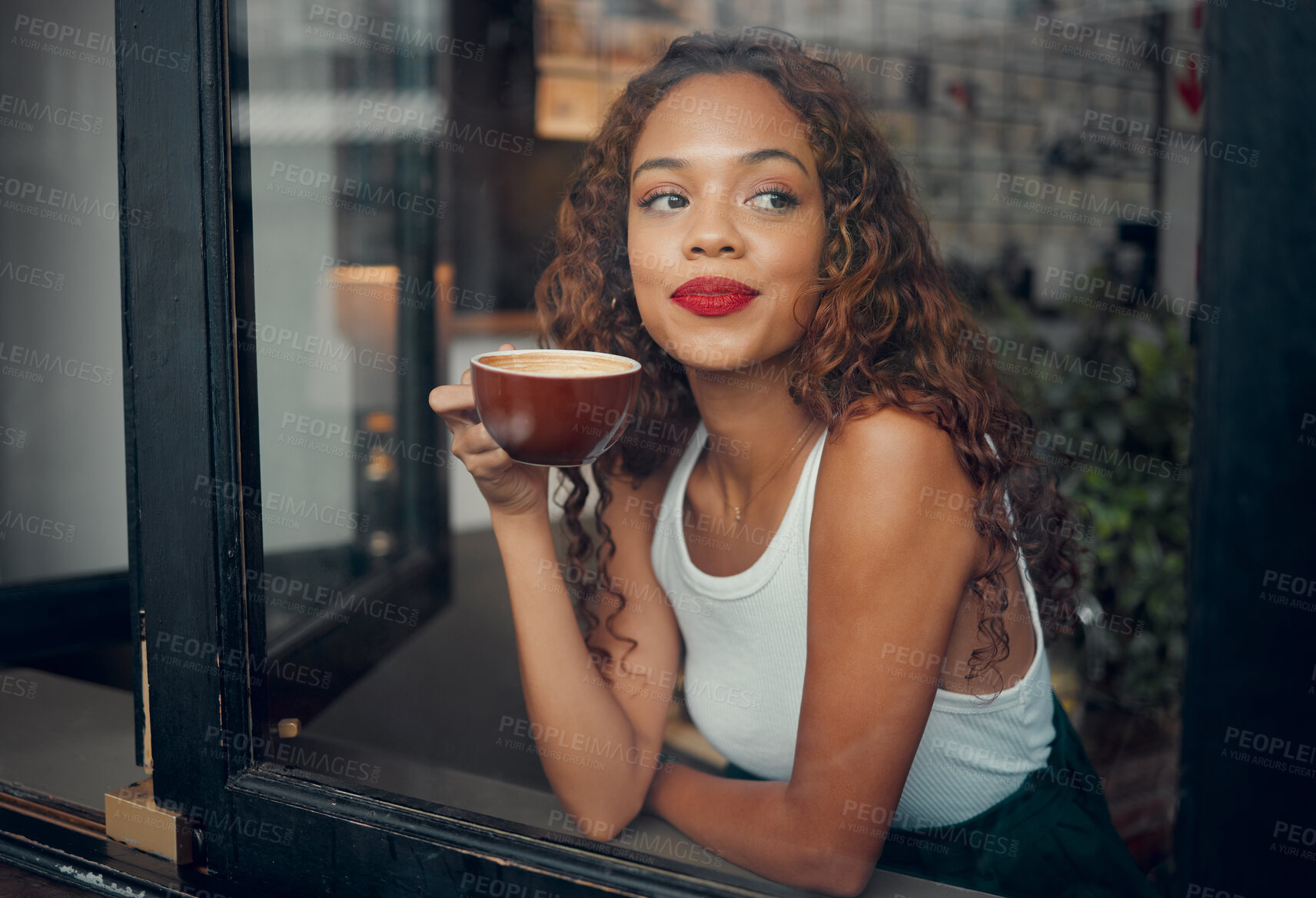 Buy stock photo Happy black woman, relax in cafe with smile at window and drinking coffee or tea thinking about future. Young African American girl in a coffee shop, latte drink and creative idea inspiration