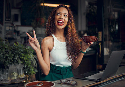 Buy stock photo Coffee shop, peace sign of woman entrepreneur with laptop working on social media marketing, advertising or remote work. Gen z girl at Internet cafe for website blog, copywriting or restaurant review