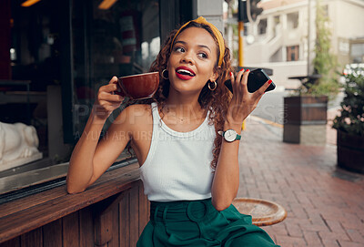 Buy stock photo Phone, outdoor cafe and trendy woman or customer listening to audio at a coffee shop on the sidewalk. Fashion, internet and communication with a young female drinking coffee and enjoying city life