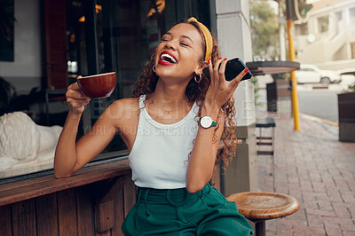 Buy stock photo Black woman in cafe, listening to audio message on 5g smartphone and laughing alone in San Francisco. Funny call recording sound, drinking tea in city street restaurant and happy in coffee shop