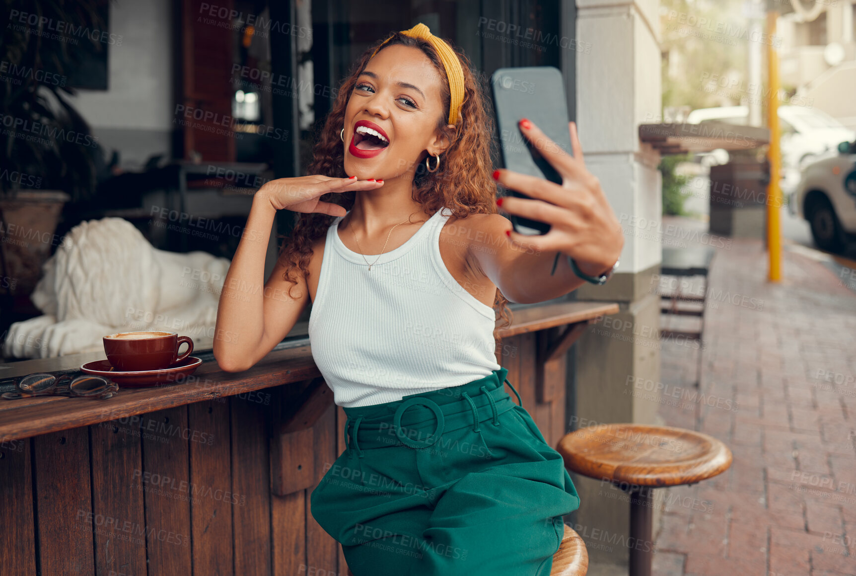 Buy stock photo Selfie, phone and coffee shop with a black woman taking a photograph for social media post. 5g mobile technology, cafe and app with a female customer taking a picture at an outdoor restaurant