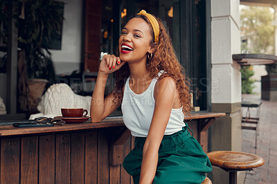 Buy stock photo Coffee shop, cafe and black woman in portrait happy with service experience, small business success or youth urban city  lifestyle. Smile of young customer in restaurant with espresso or latte drink