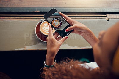 Buy stock photo Woman coffee picture, social media app post with smartphone and advertising cafe barista skills online. Gen z girl, wifi internet connection at coffee shop and 5g mobile technology marketing network 