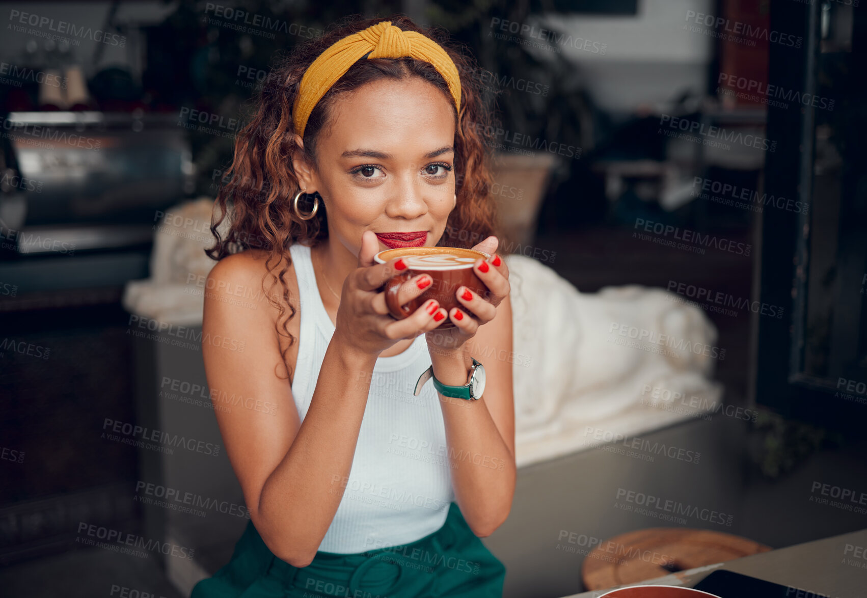 Buy stock photo Black woman, coffee and smile for relax at cafe in joyful happiness, carefree and thinking in shop. Portrait of happy African American female enjoying a warm drink at a indoor restaurant