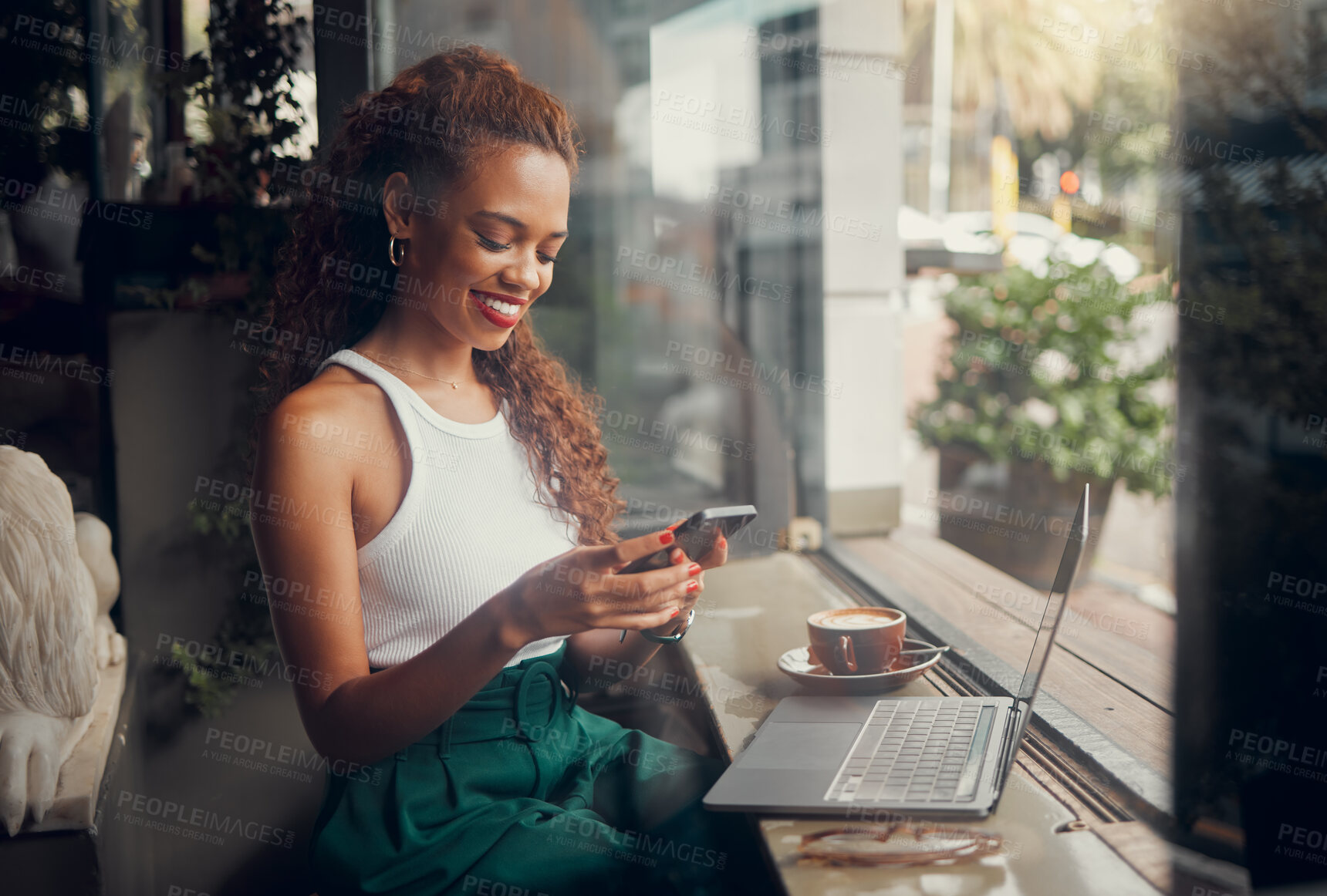 Buy stock photo Woman entrepreneur with phone in a coffee shop, restaurant or cafe on social media app online. Happy and young freelance worker doing remote work planning on a mobile 5g smartphone internet schedule