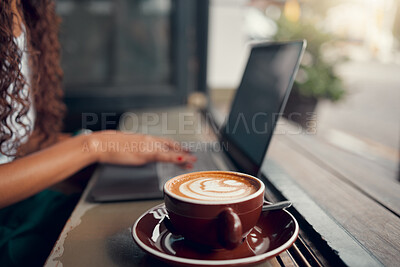 Buy stock photo Coffee, laptop and business owner working, planning and typing on internet at a coffee shop. Remote worker with a cappuccino at a cafe or restaurant for wifi connection to work online with a computer