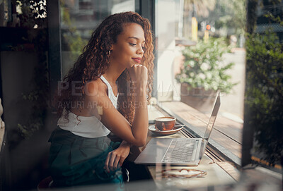 Buy stock photo Coffee shop, thinking and black woman working on laptop, reading to relax in cafe. Student doing work on computer on coffee break to think of ideas, inspiration and motivation to do project by window