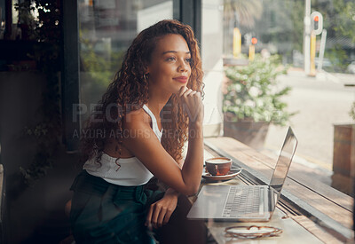 Buy stock photo Cafe, laptop and relax student girl on study break for peace, wellness and calm while working on research project. Coffee shop, glass window and black woman thinking of copywriting inspiration idea