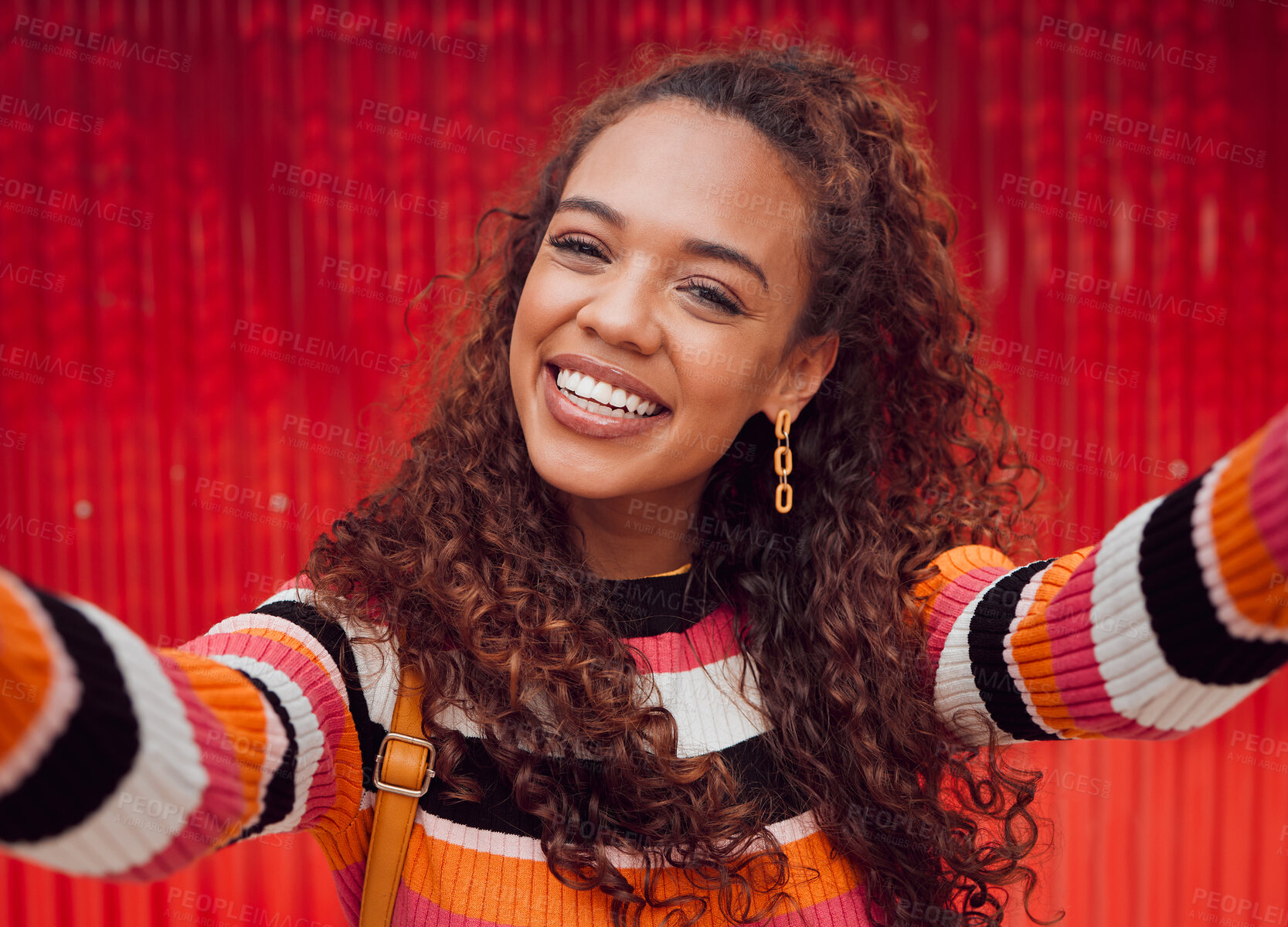 Buy stock photo Face, selfie and smile with a black woman happy against a red background while taking a photograph. Social media, fashion and beauty with an attractive young female posing for a picture outdoor