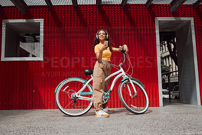 Buy stock photo Woman, city bike and phone headphones for music, podcast of radio in Colombian travel. Smile, happy and fashion student or cool model with mobile, eco friendly and future environment energy transport