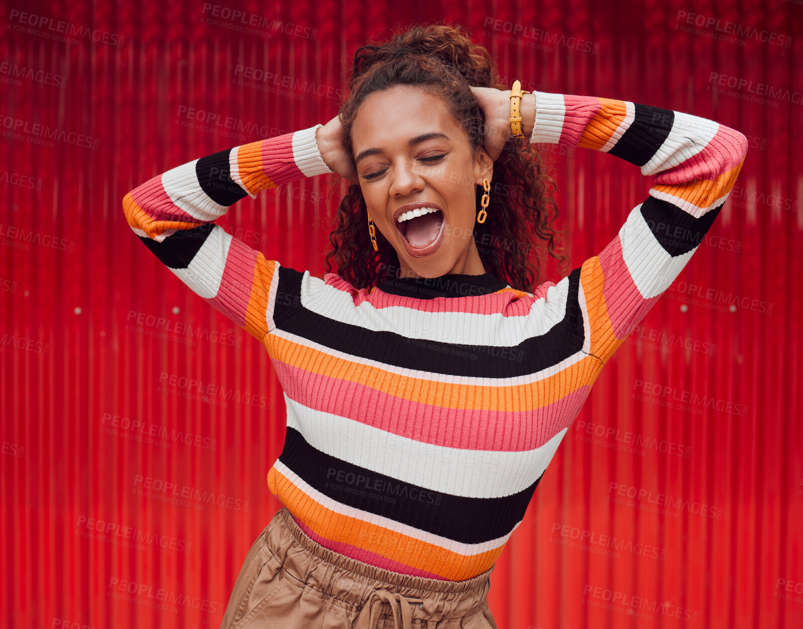 Buy stock photo Black woman, hands in hair and outdoor with smile, being confident or happy being edgy, relax and in city. Young female, girl and proud to enjoy free time being trendy, casual or happiness on weekend