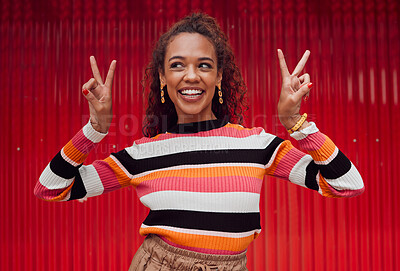 Buy stock photo Peace sign, comic and black woman against red wall in the city of Amsterdam for holiday, travel and adventure. Thinking, fashion and young girl with crazy, and funny idea on vacation with smile