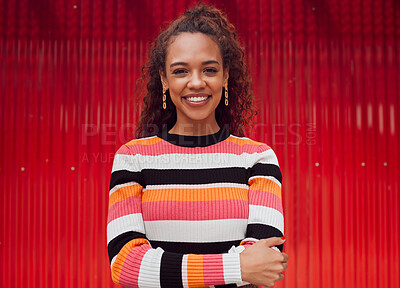 Buy stock photo Fashion, smile and woman against a red background in the city during a holiday in Amsterdam. Portrait of a happy, African and cool girl on a travel vacation for freedom, adventure and happiness