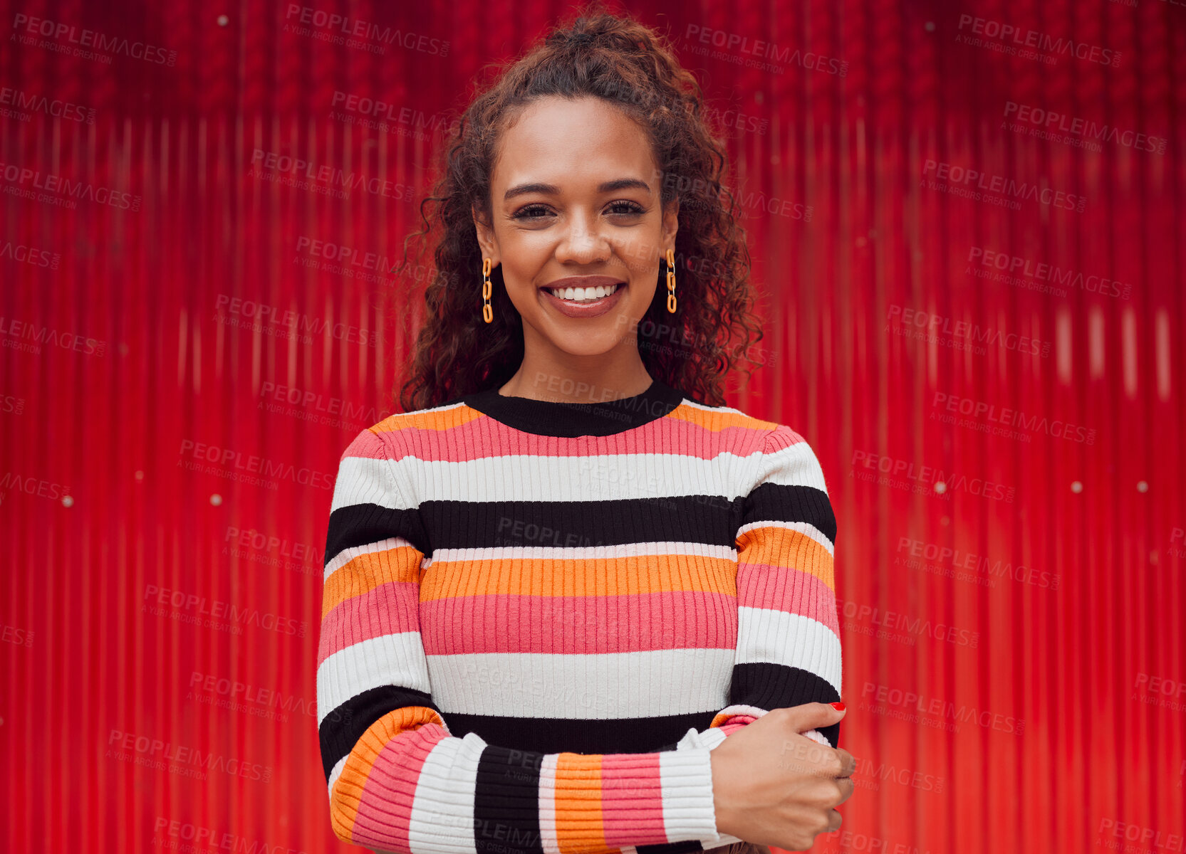 Buy stock photo Fashion, smile and woman against a red background in the city during a holiday in Amsterdam. Portrait of a happy, African and cool girl on a travel vacation for freedom, adventure and happiness