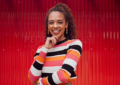 Buy stock photo Fashion, happy and black woman against a red wall in the city of Japan for travel holiday. Portrait of a young, urban and African girl with cool clothes on a vacation for freedom and happiness