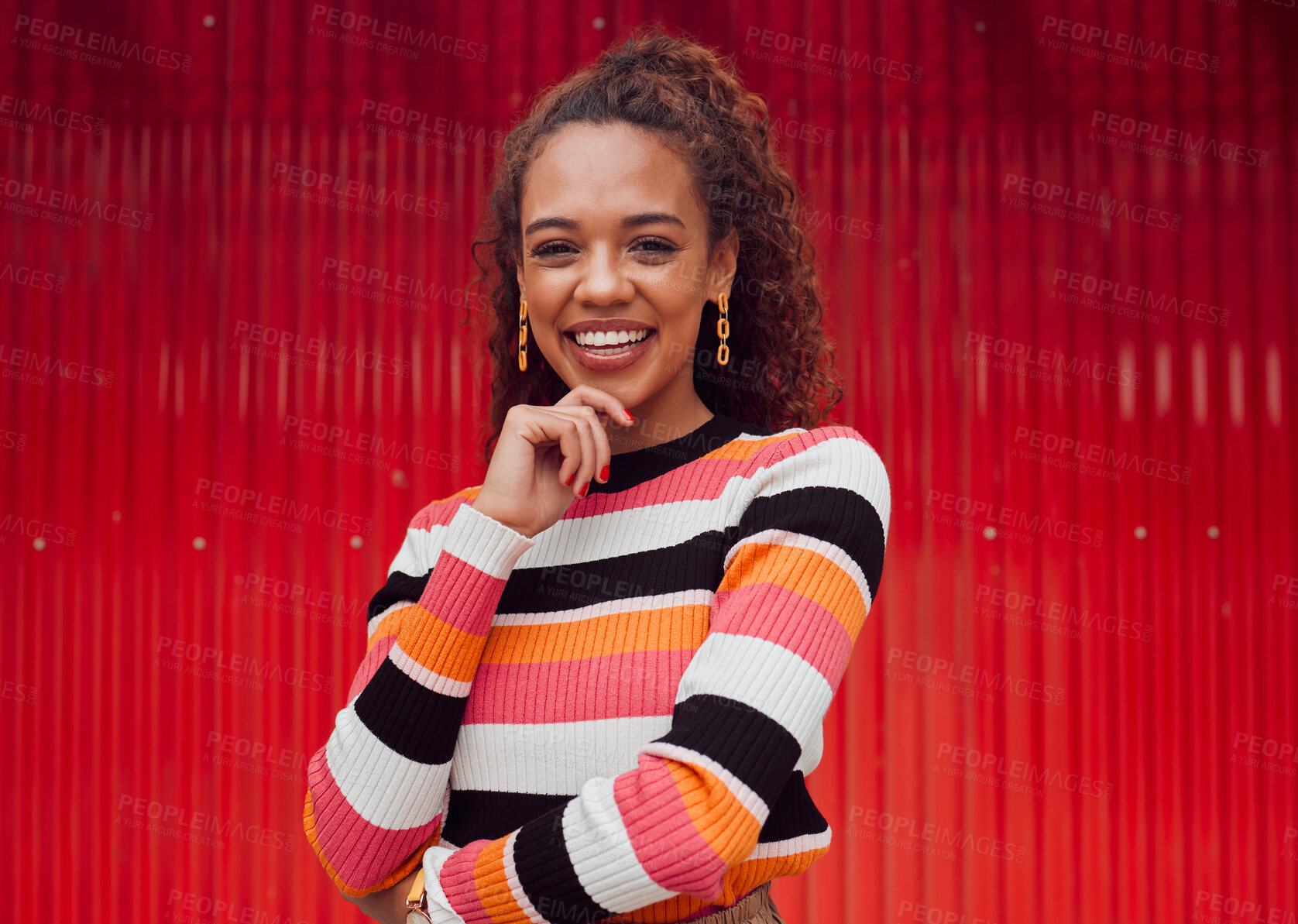 Buy stock photo Fashion, happy and black woman against a red wall in the city of Japan for travel holiday. Portrait of a young, urban and African girl with cool clothes on a vacation for freedom and happiness