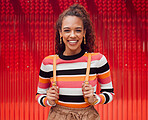Fashion, happy and trendy black woman against red background, having fun exploring city destination. Portrait, smile and travel with exchange student enjoying a trip in New York, cheerful and excited