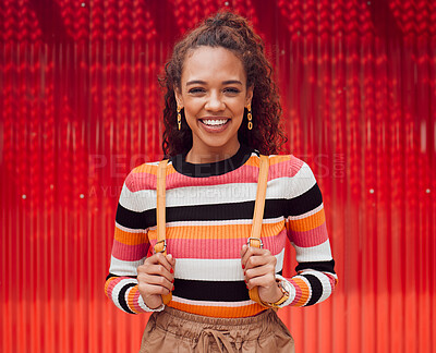 Buy stock photo Fashion, happy and trendy black woman against red background, having fun exploring city destination. Portrait, smile and travel with exchange student enjoying a trip in New York, cheerful and excited