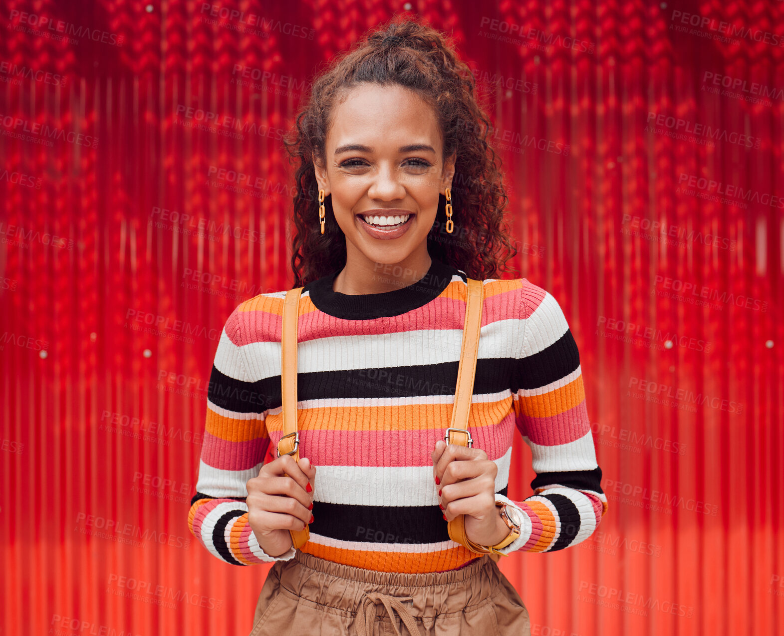 Buy stock photo Fashion, happy and trendy black woman against red background, having fun exploring city destination. Portrait, smile and travel with exchange student enjoying a trip in New York, cheerful and excited