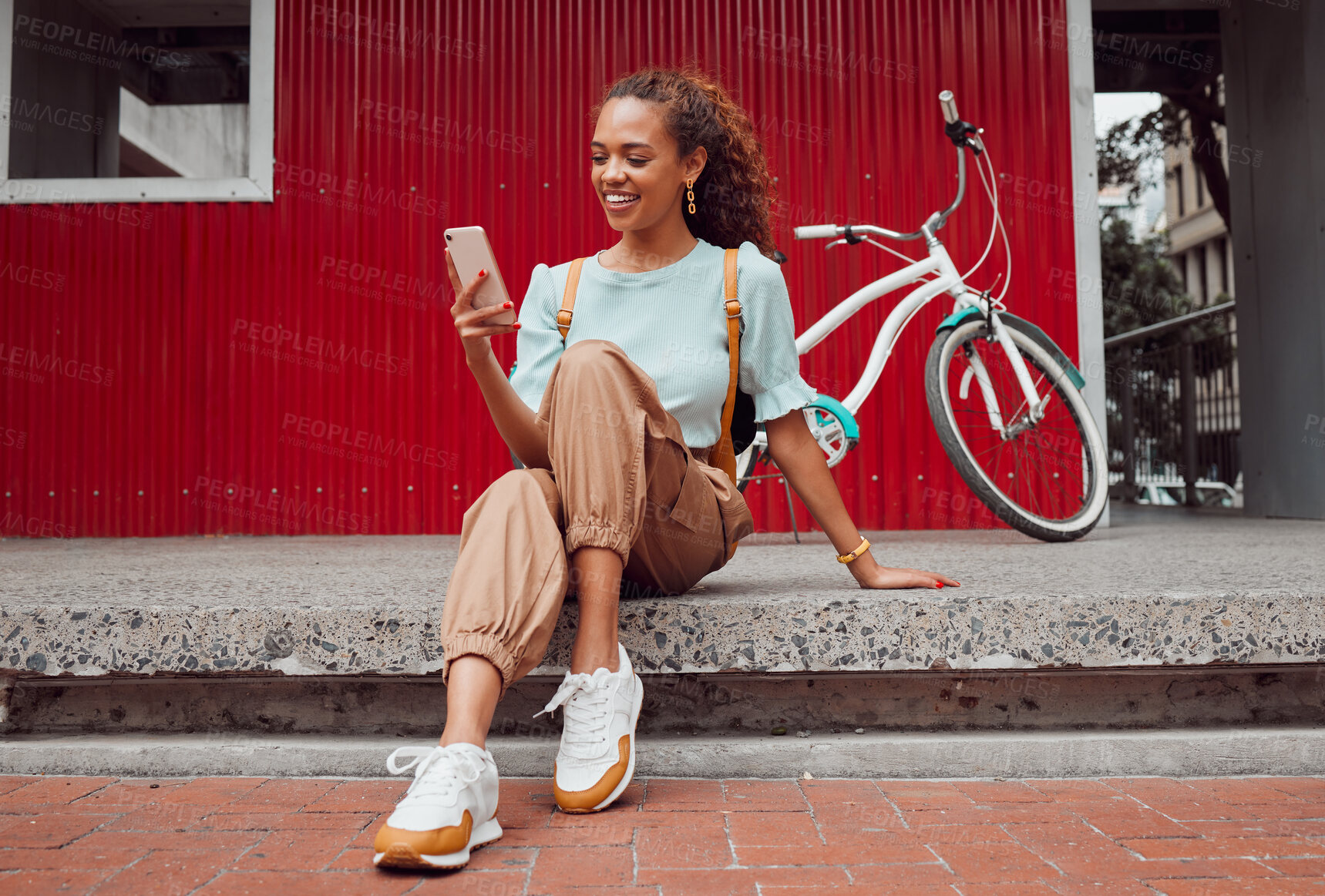 Buy stock photo Woman, bike or phone in city travel in Amsterdam for gps location, map or social media search. Smile, happy and relax fashion student or cool model with mobile, eco friendly or environment transport