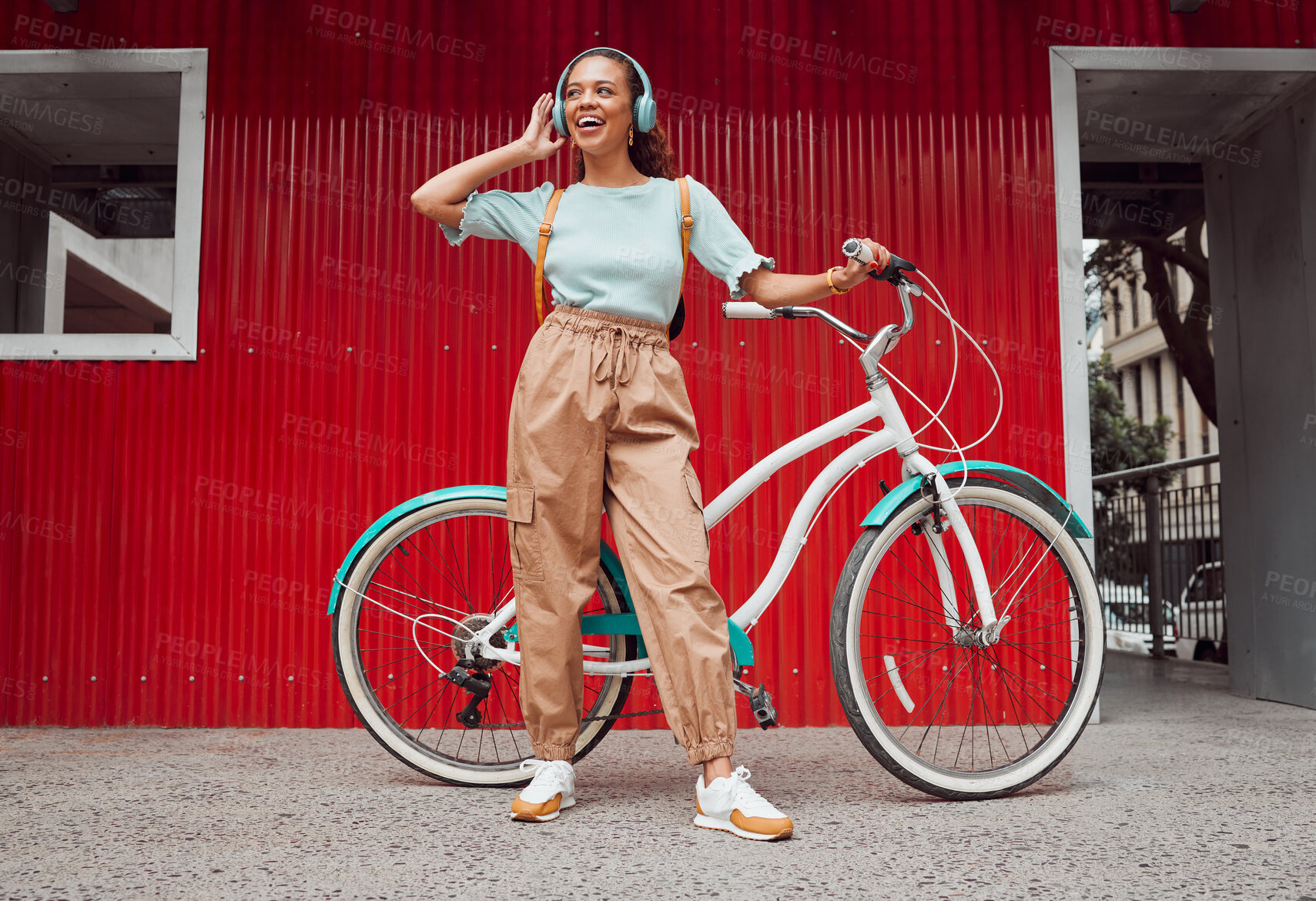 Buy stock photo Student, girl and bike with headphone music for sustainable commute leisure in Chicago, USA. Gen Z college girl with vintage bicycle enjoying eco travel in city with streaming entertainment.