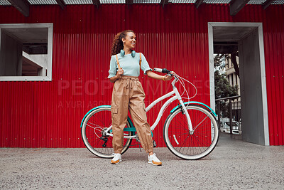 Buy stock photo Bike, fashion and black woman cycling for sustainability, eco friendly and carbon footprint in the city of Norway. Happy, smile and relax African girl with bicycle to travel for sustainable lifestyle