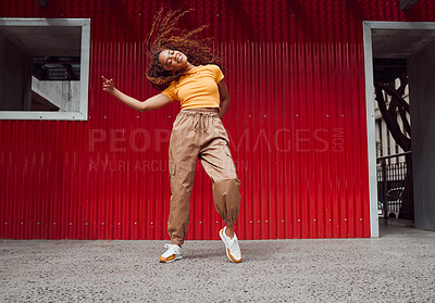 Buy stock photo City, hip hop dance and an urban black woman in streetwear dancing outside in Sao Paulo. Music, dancer and a cool happy latino girl with outdoor street style, fun energy, freedom and youth in Brazil.