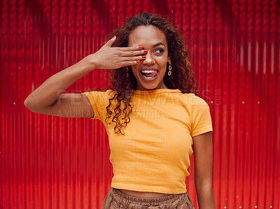 Buy stock photo Happy, black woman and tongue out, cover eye or funny face on red background. Fashion, comic and goofy, crazy or silly facial expression of female from South Africa with hand on eyes feeling playful.