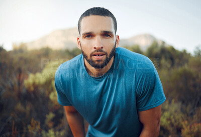 Buy stock photo Exercise, forest and fitness portrait of man hiking, trekking and running in the woods for adventure, wellness and cardio. Nature sports workout, body health and runner on countryside training run