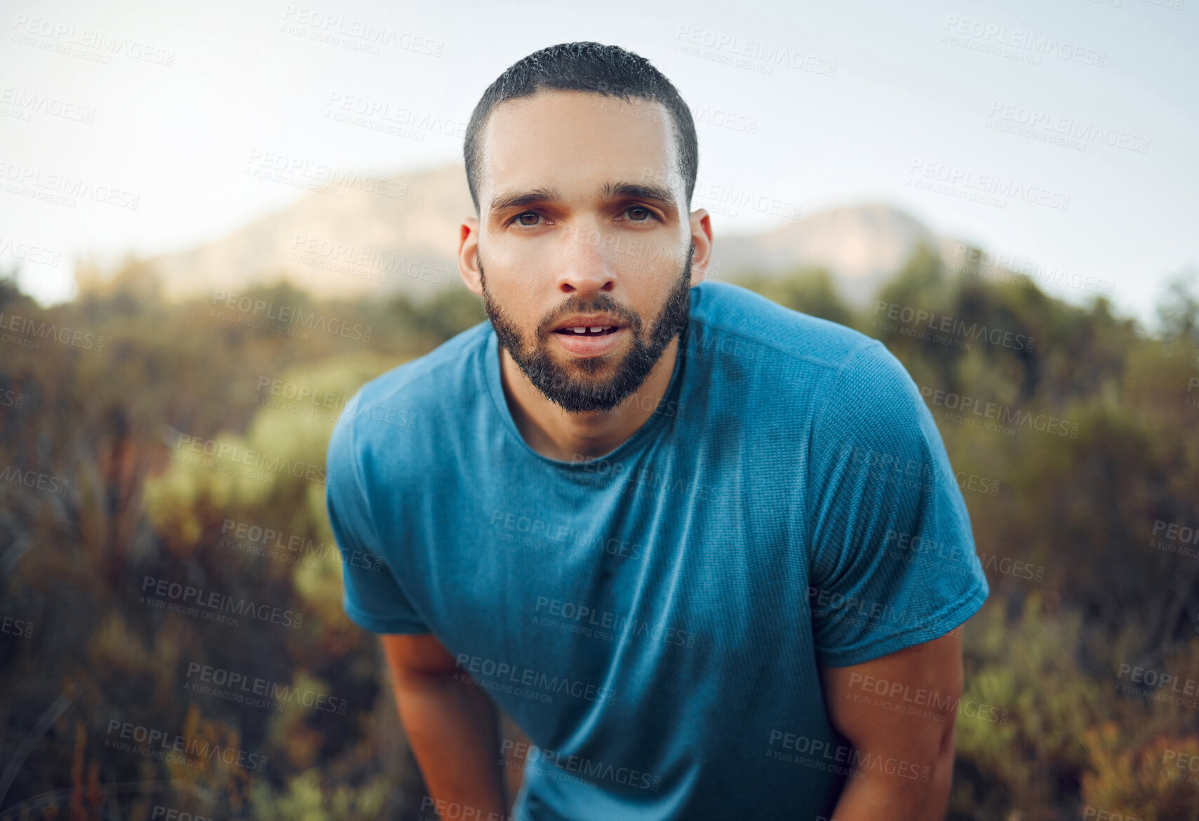 Buy stock photo Exercise, forest and fitness portrait of man hiking, trekking and running in the woods for adventure, wellness and cardio. Nature sports workout, body health and runner on countryside training run