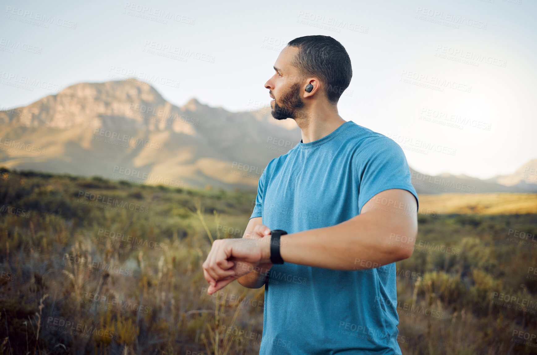 Buy stock photo Exercise, thinking man and outdoor for view, workout or  enjoy nature with digital watch for endurance. Wellness, fitness or healthy male in sportswear, peaceful outside for health or trainer stamina