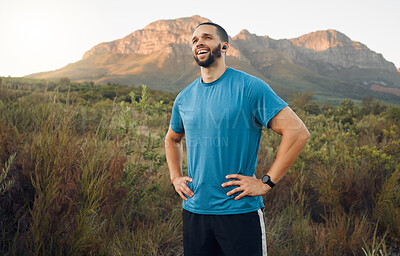 Buy stock photo Nature, fitness and black man on hike with view, break while exercise outdoors and active lifestyle. Cardio, sport and physical activity, health motivation and endurance, happy and satisfaction.