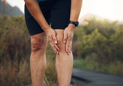 Buy stock photo Knee pain, legs and arthritis of runner man, athlete and training, workout or exercise on hiking trail outdoors. Closeup bone fracture problem, muscle injury and body health risk for sports therapy