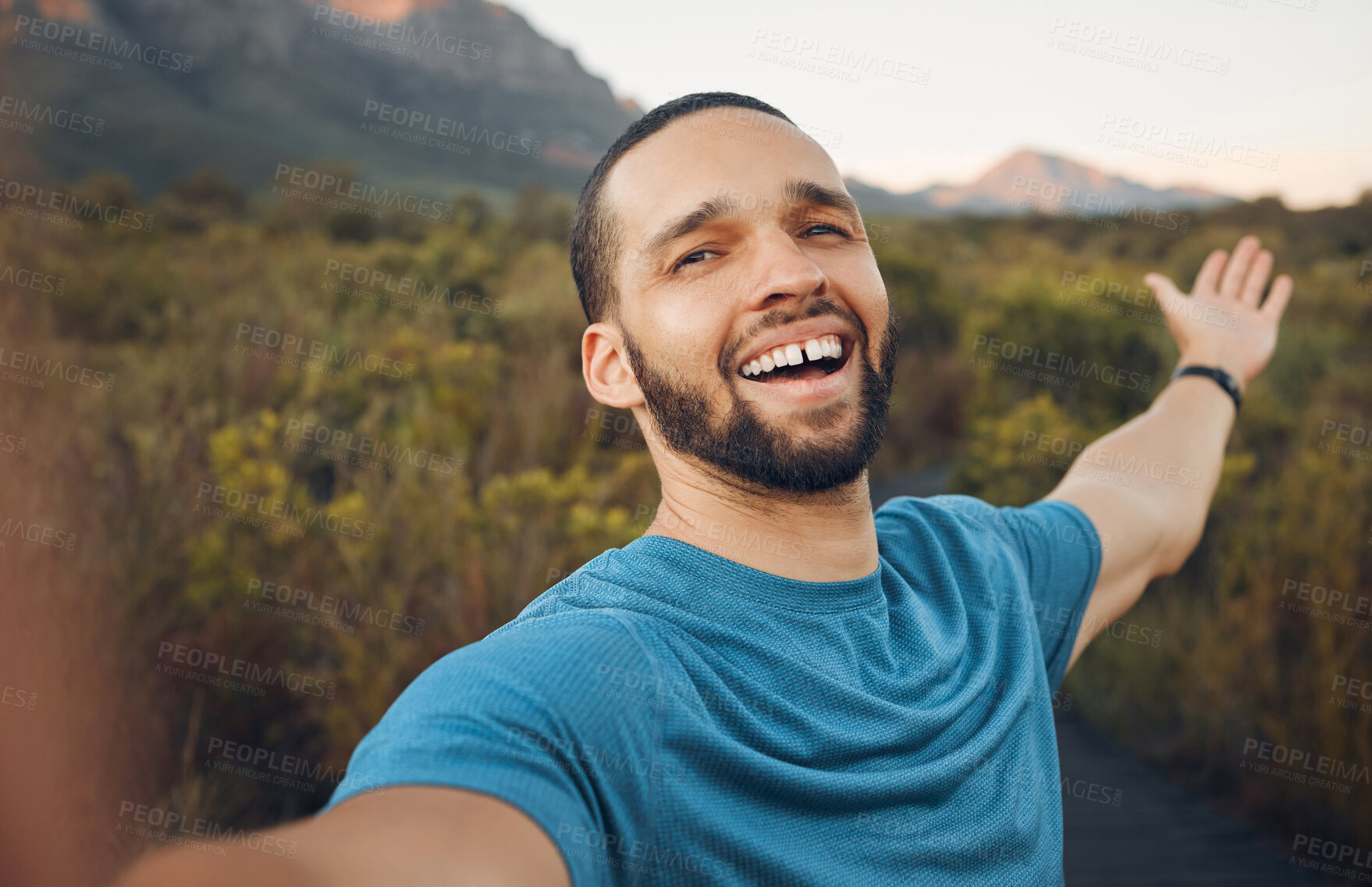 Buy stock photo Happy, nature and man taking a selfie in the countryside for a peaceful holiday adventure outdoors in spring with freedom. Smile, pictures and man enjoying traveling and quality vacation time alone 