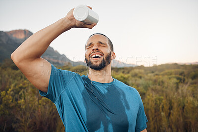 Buy stock photo Sports man splash water bottle on face in nature hiking, running or outdoor exercise in Spain mountain adventure. Runner spray drinking water on head for cardio training, cool body sweat and wellness