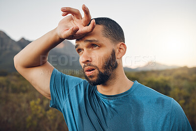 Buy stock photo Fitness, breathing and tired sweating man running outdoors with fatigue, body challenge and struggle for exercise. Male runner athlete, mental break and nature trail rest to breathe in mindset focus