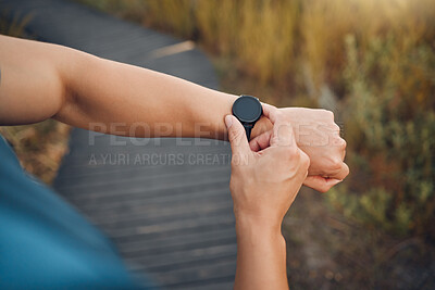 Buy stock photo Man, hands or smart watch for fitness health digital tracker in wellness training, workout exercise and heart data. Runner, sports or hiking person with time clock technology for running app software