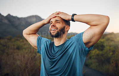 Buy stock photo Tired, sweat and fitness man in nature taking break or rest after running, workout and training in countryside for health. Athlete runner exhausted after hiking or run on trail for cardio exercise