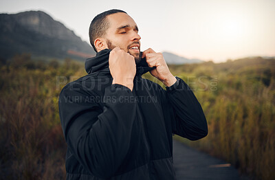 Buy stock photo Man breathing in nature, mountain forest peace and spiritual wellness meditation in Canada winter. Calm breathe of fresh air, natural outdoor freedom of faith and relax in fresh green trees in woods