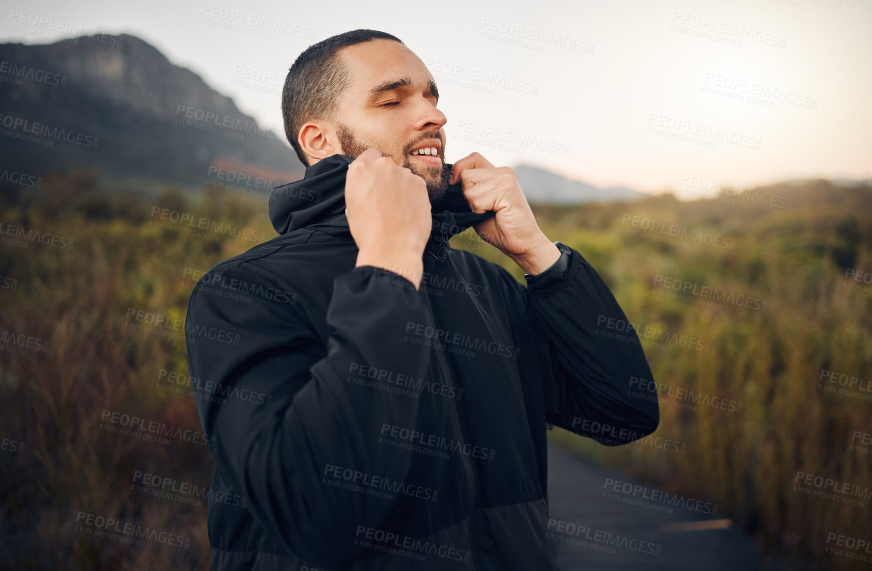 Buy stock photo Man breathing in nature, mountain forest peace and spiritual wellness meditation in Canada winter. Calm breathe of fresh air, natural outdoor freedom of faith and relax in fresh green trees in woods