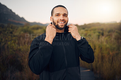 Buy stock photo Happy man, nature and fitness training while hiking for freedom, health and wellness in mountains with exercise. Portrait and face of male running with hoodie fashion for a calm and healthy workout