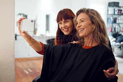 Buy stock photo Selfie, women and designer hairdresser spa hair care day at salon studio. Beauty, senior customer and young hair stylist take photograph on mobile phone at successful small grooming business

