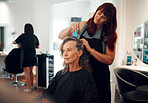 Salon, hair color and hairdresser working on a client for professional hair care, beauty and makeover. Hairstylist, elderly woman and hairdressing service with the dye process for hairstyle at parlor