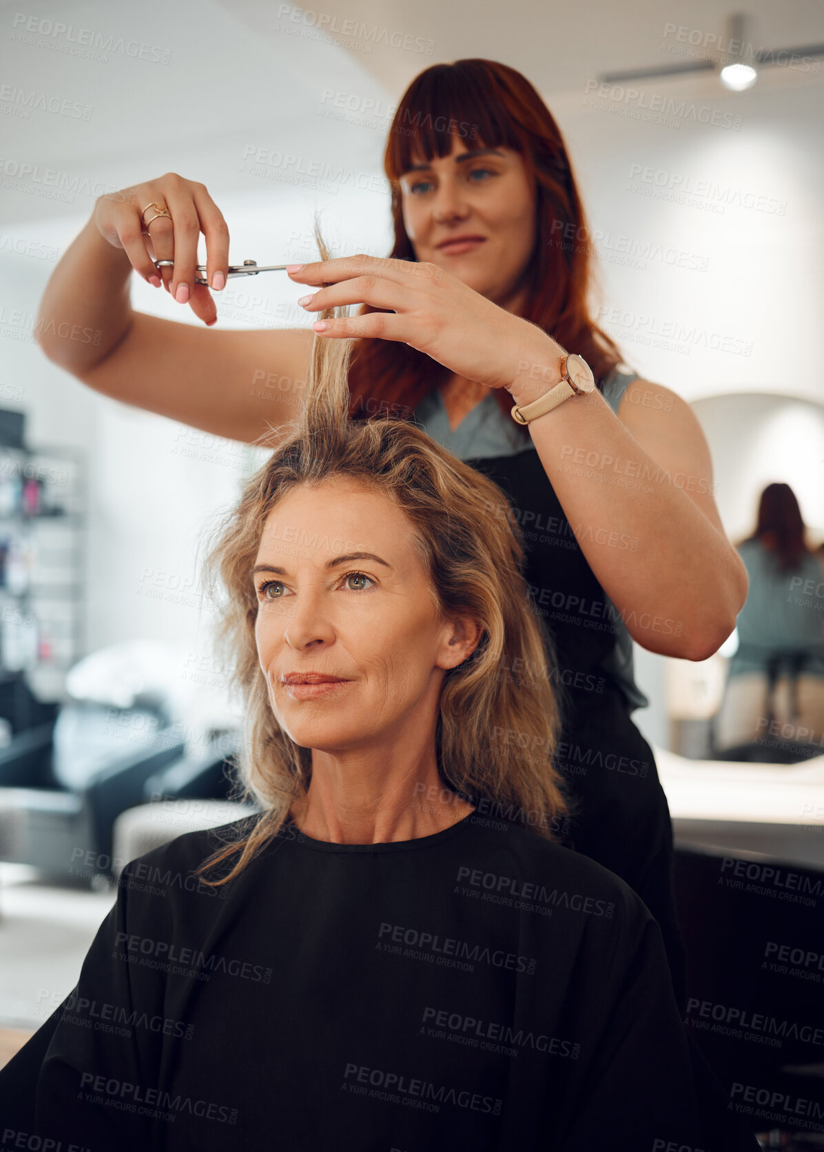 Buy stock photo Woman, hair and salon for haircut with hairdresser for beauty, style or makeover. Customer, beautician and cosmetics for professional hair care, service or fashion in studio, spa or shop in Toronto