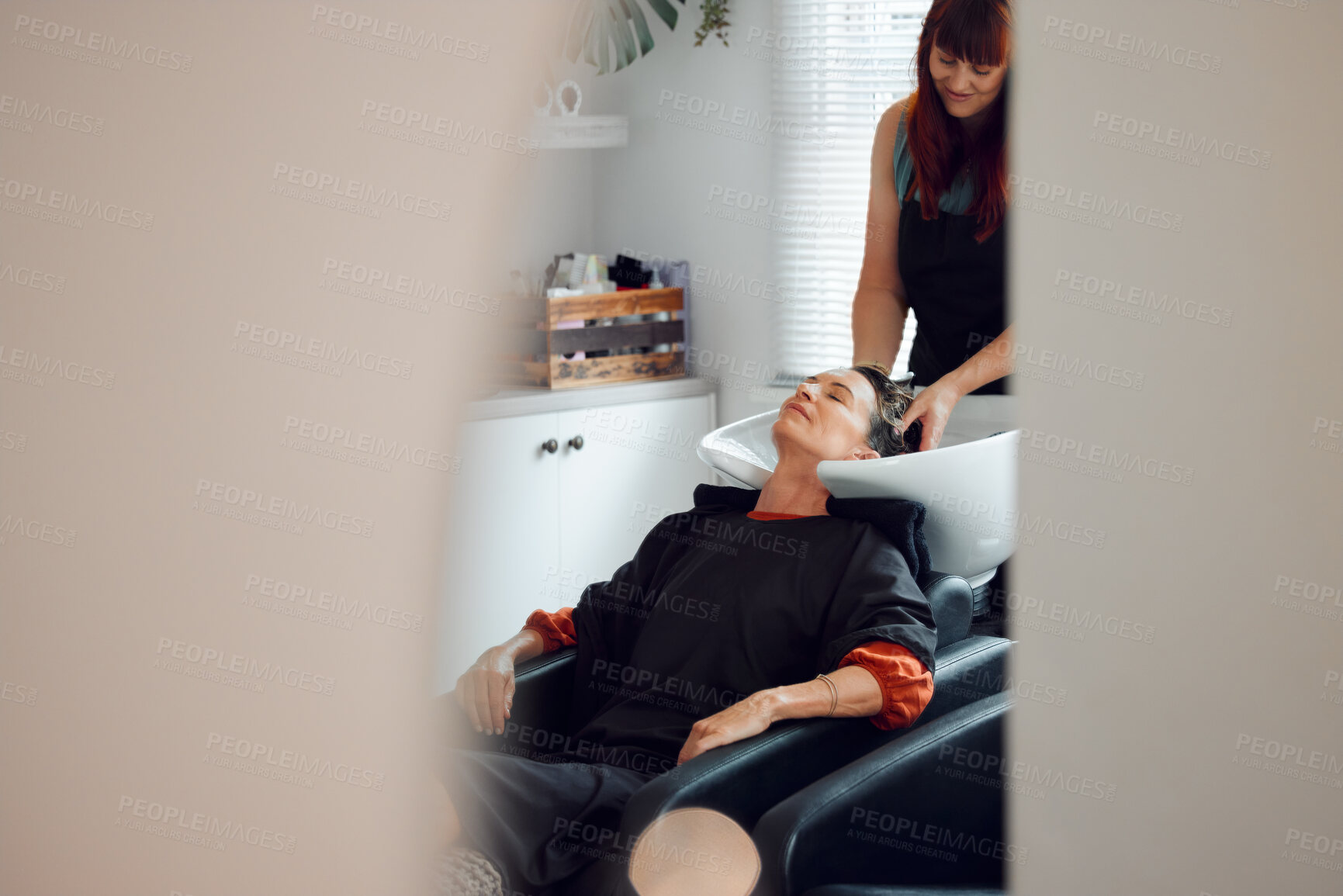 Buy stock photo Beauty salon, woman customer and washing hair service, luxury shampoo treatment and scalp cleaning. Professional hairdresser, hair care stylist and cosmetics beautician  boutique for client fashion