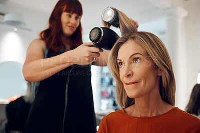 Buy stock photo Small business, beauty salon and elderly woman self care getting hair professional style by a hairdresser with brush or hairdryer. Mature client, hair care stylist modern hairstyle and focus customer