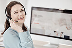 Call center, customer service and sales woman consulting using a wireless headset in her office. Ecommerce, contact us and crm with a female telemarketing consultant at work for support, help or care